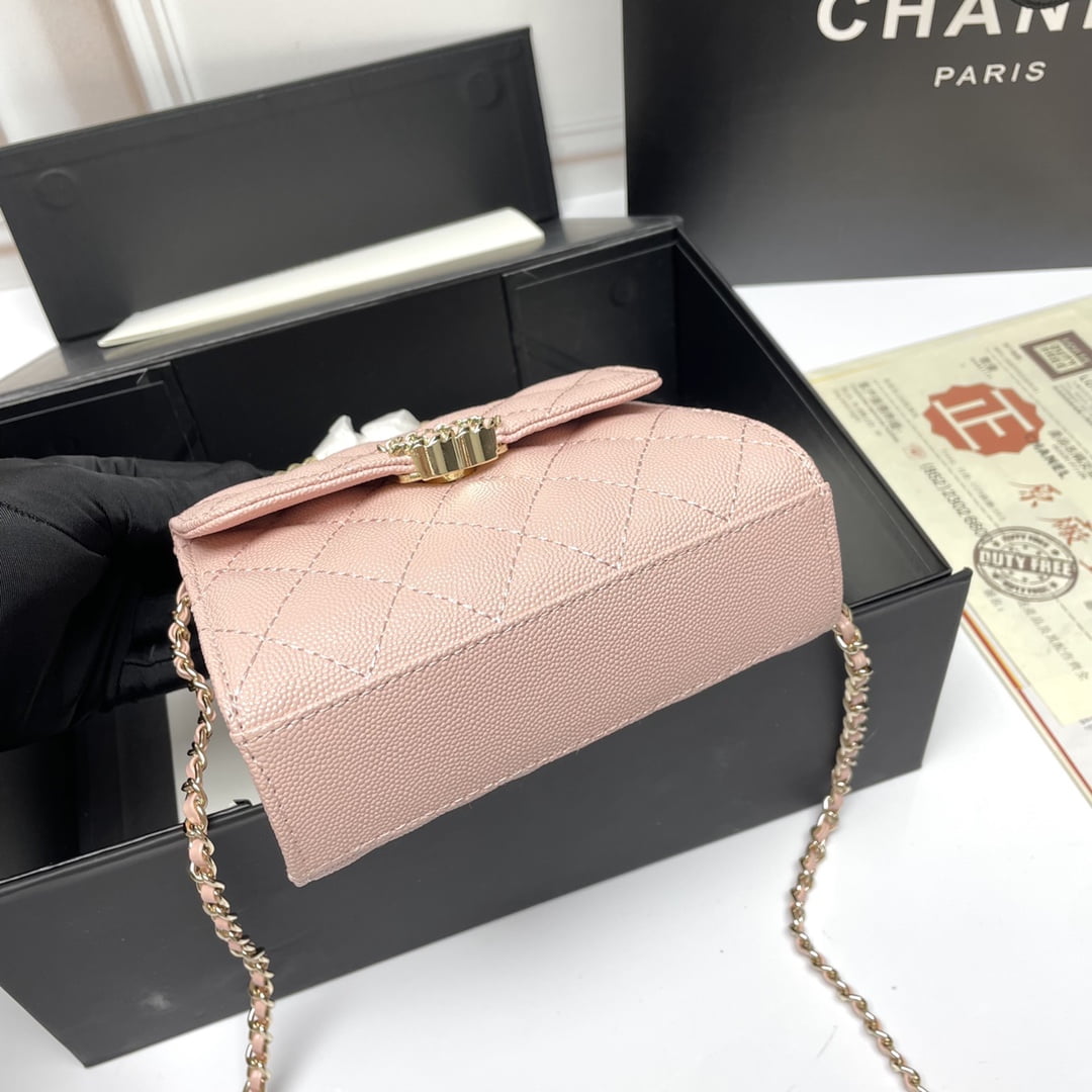 Chanel Black Horse Kelly Lichee cowhide long handle bag 9100 pink size:19*10*4.5cm