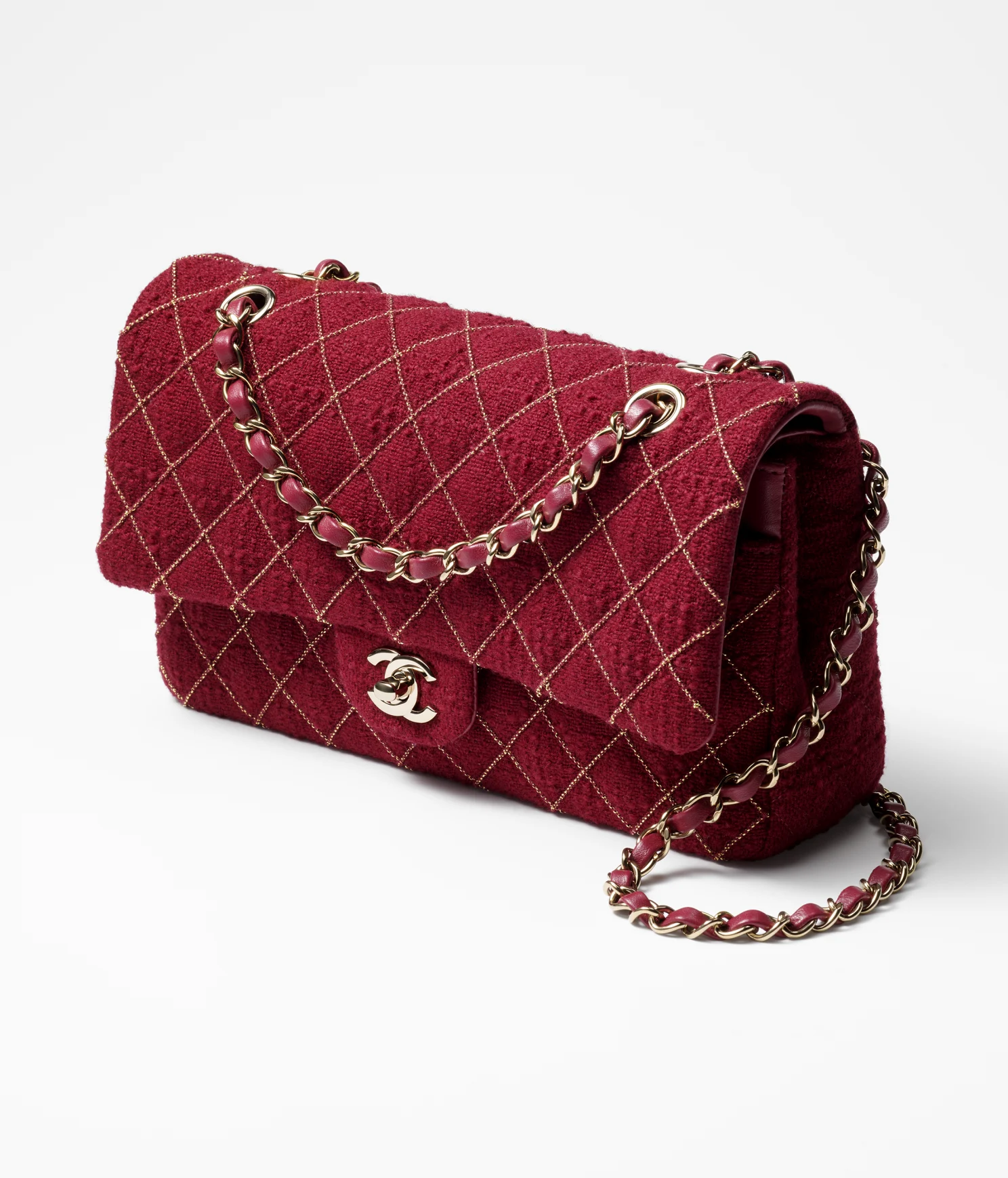 CHANEL / CLASSIC HANDBAG Wool Tweed   Gold-Tone Metal Burgundy