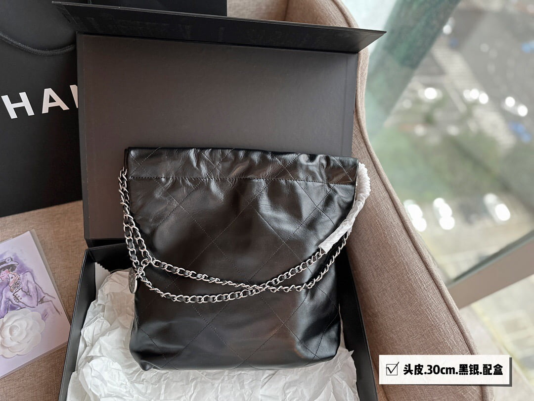 CHANEL Pearl garbage bag black with sliver hardware size：30*32cm
