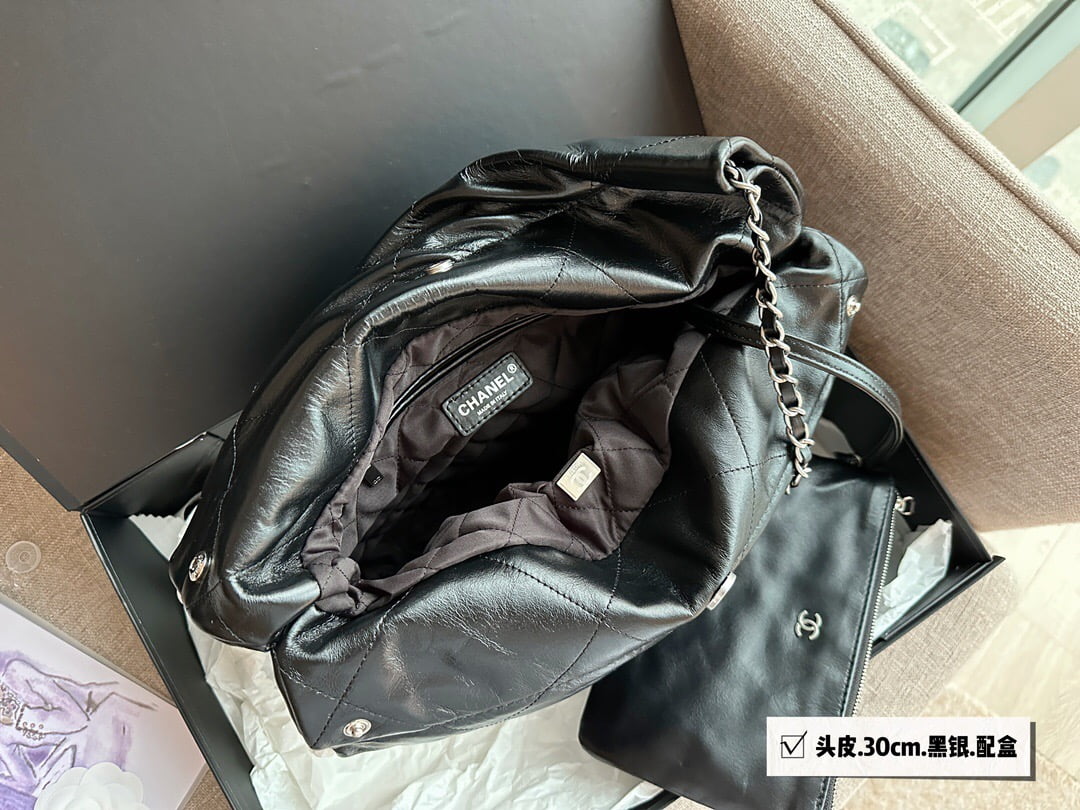 CHANEL Pearl garbage bag black with sliver hardware size：30*32cm