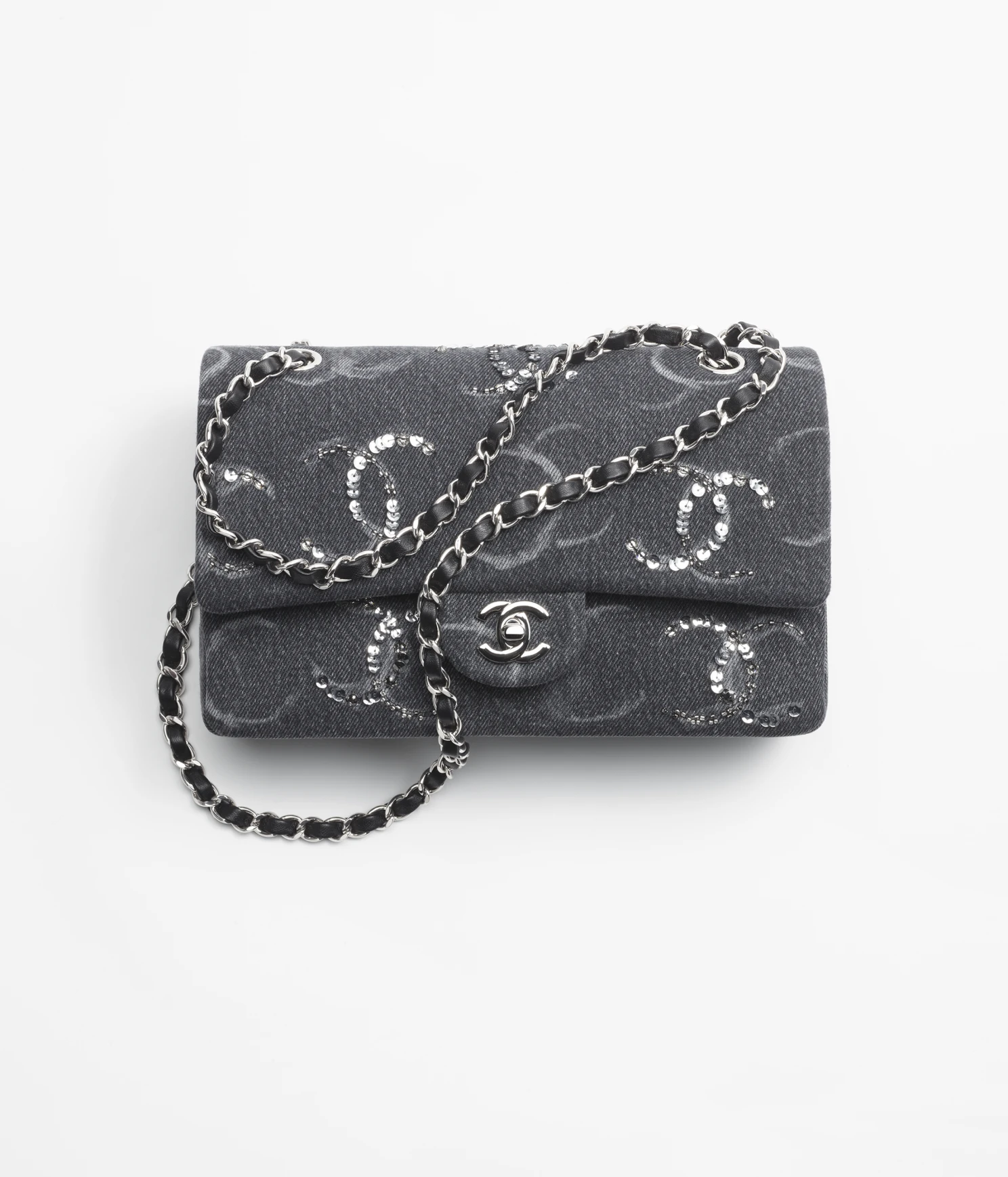 CHANEL / CLASSIC HANDBAG Embroidered Denim, Sequins   Silver-Tone Metal Black
