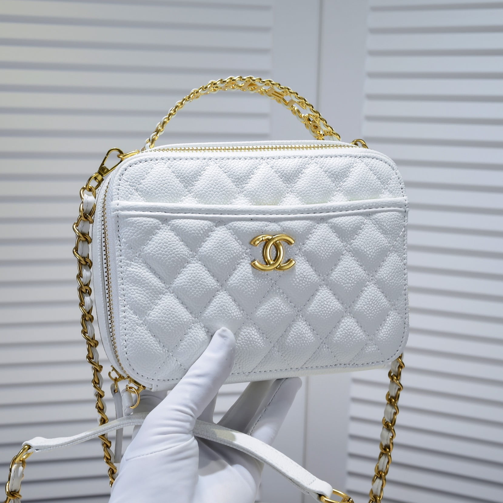 Chanel Caviar alphabet Camera chain crossbody White handle bag