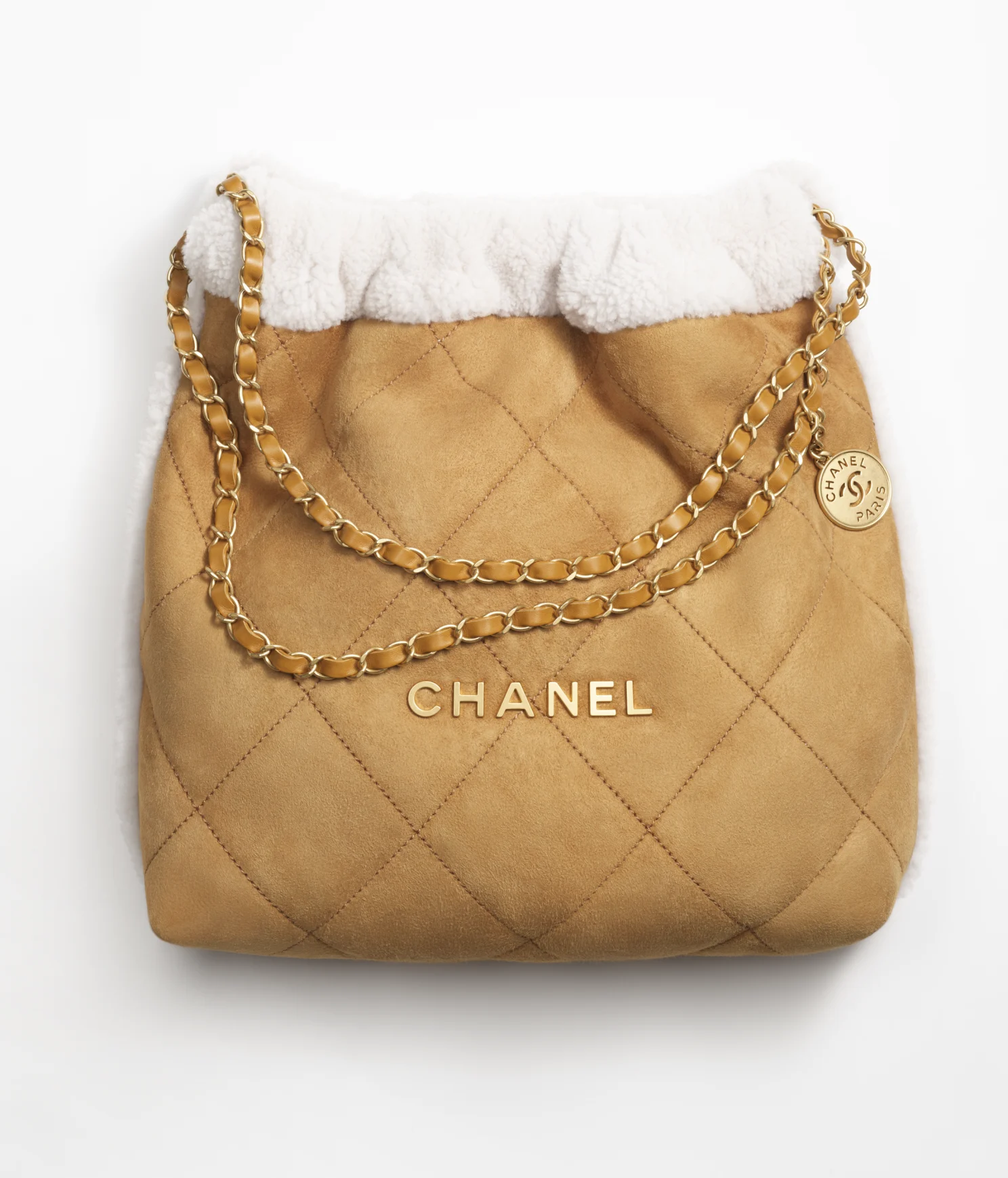 CHANEL / CHANEL 22 HANDBAG Shearling Suede Lambskin   Gold-Tone Metal Beige   White