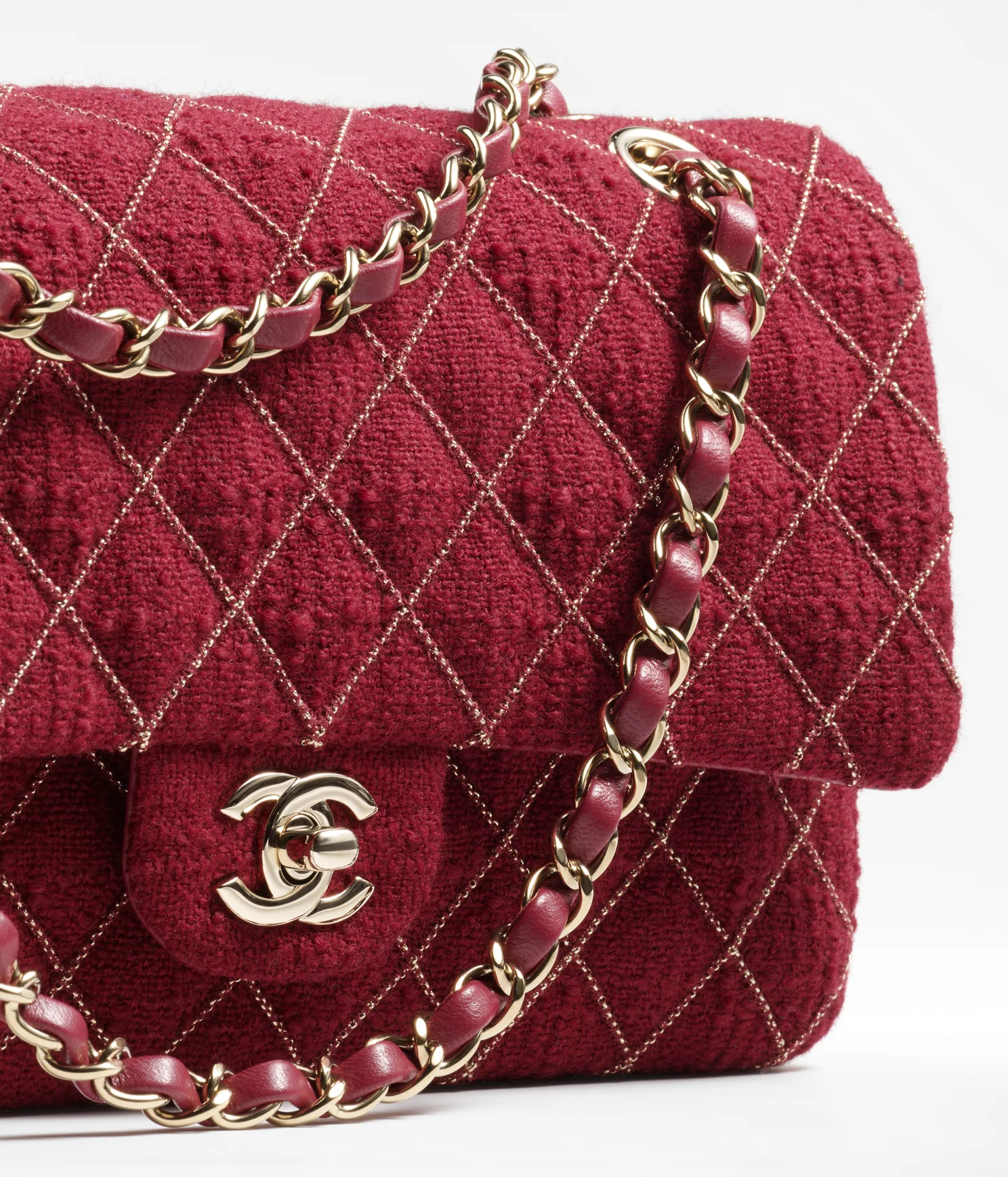 CHANEL / CLASSIC HANDBAG Wool Tweed   Gold-Tone Metal Burgundy