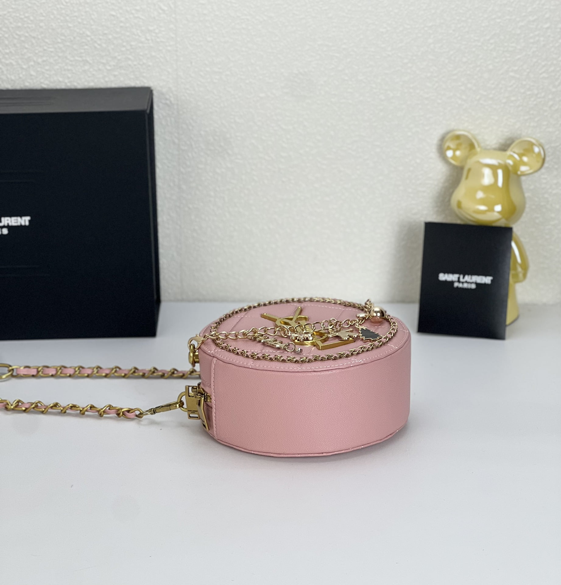 YSL round bun bag with chain strap pink size: 17cm