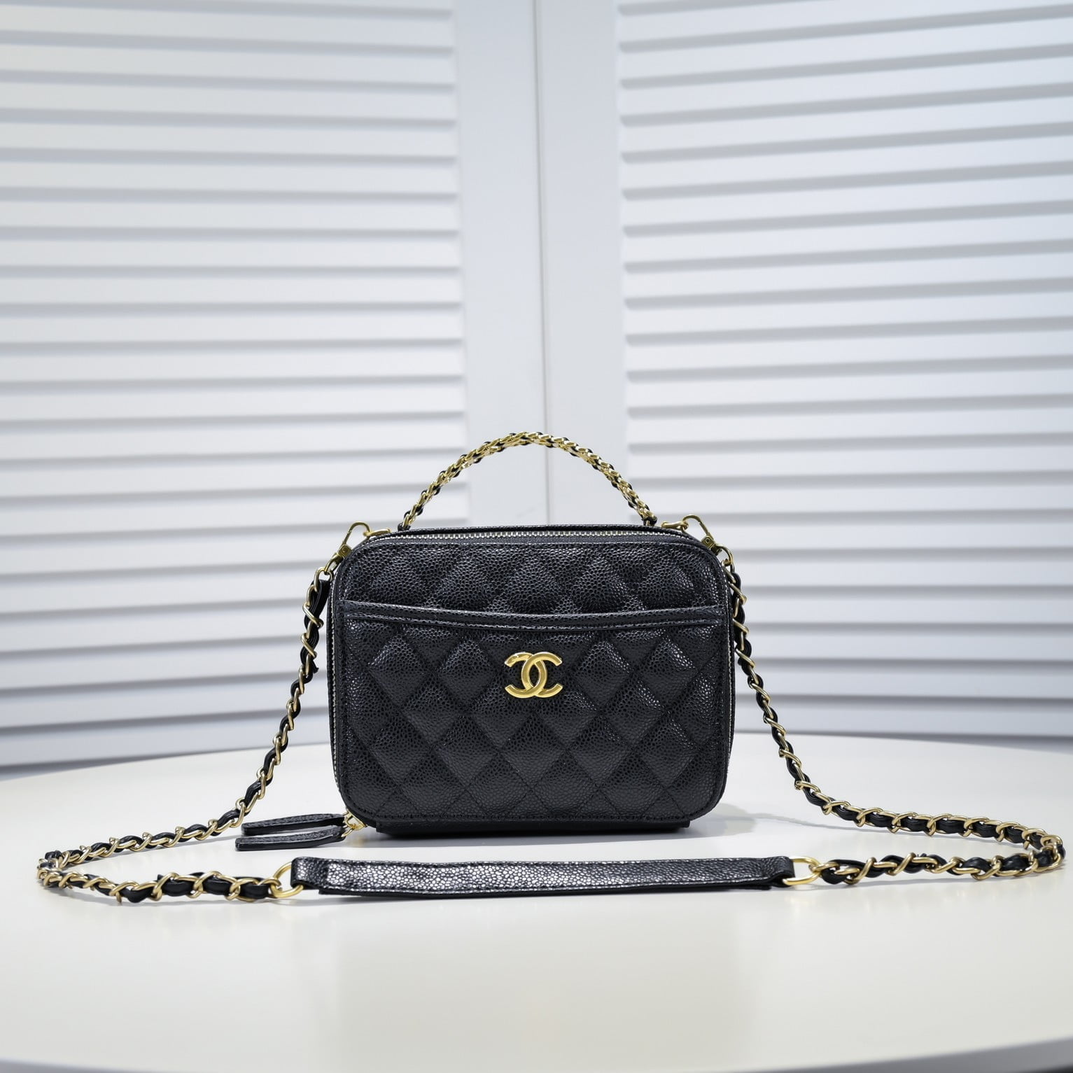 Chanel Caviar alphabet Camera chain crossbody black handle bag