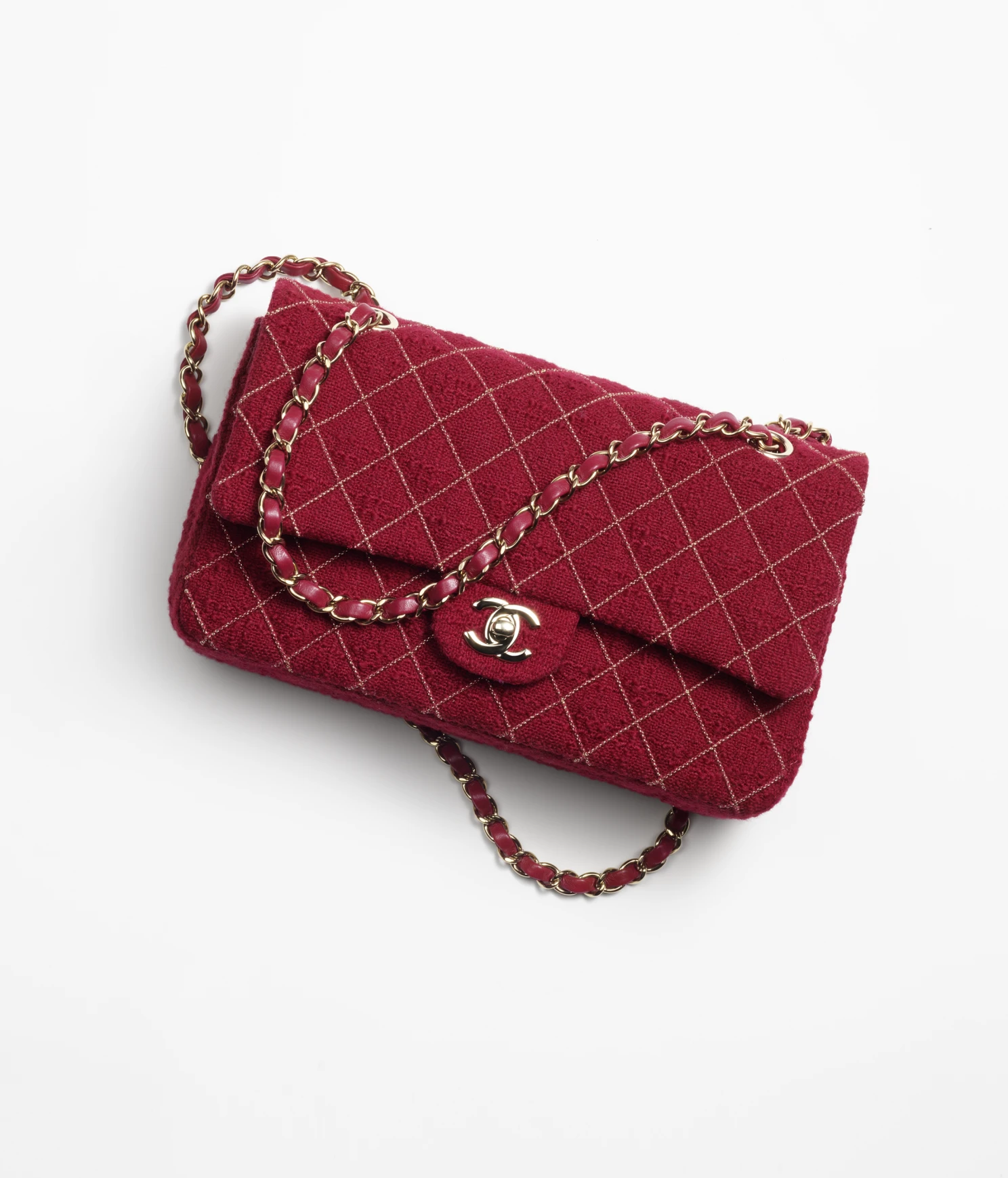 CHANEL / CLASSIC HANDBAG Wool Tweed   Gold-Tone Metal Burgundy