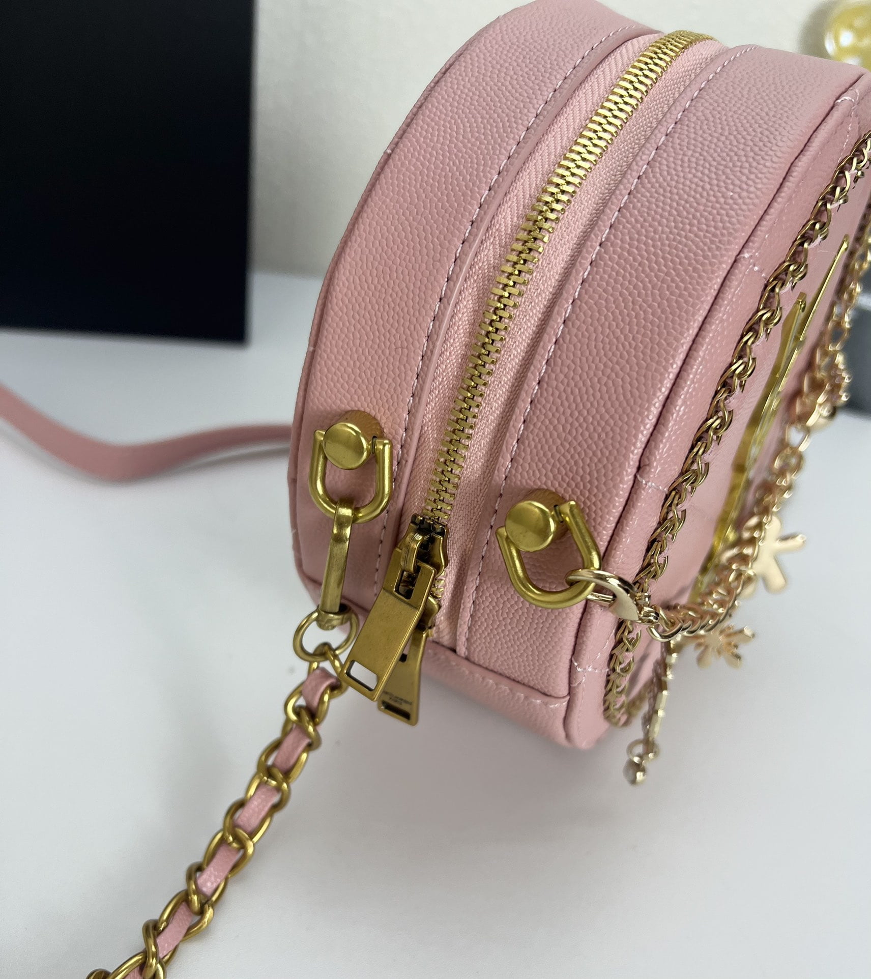 YSL round bun bag with chain strap pink size: 17cm