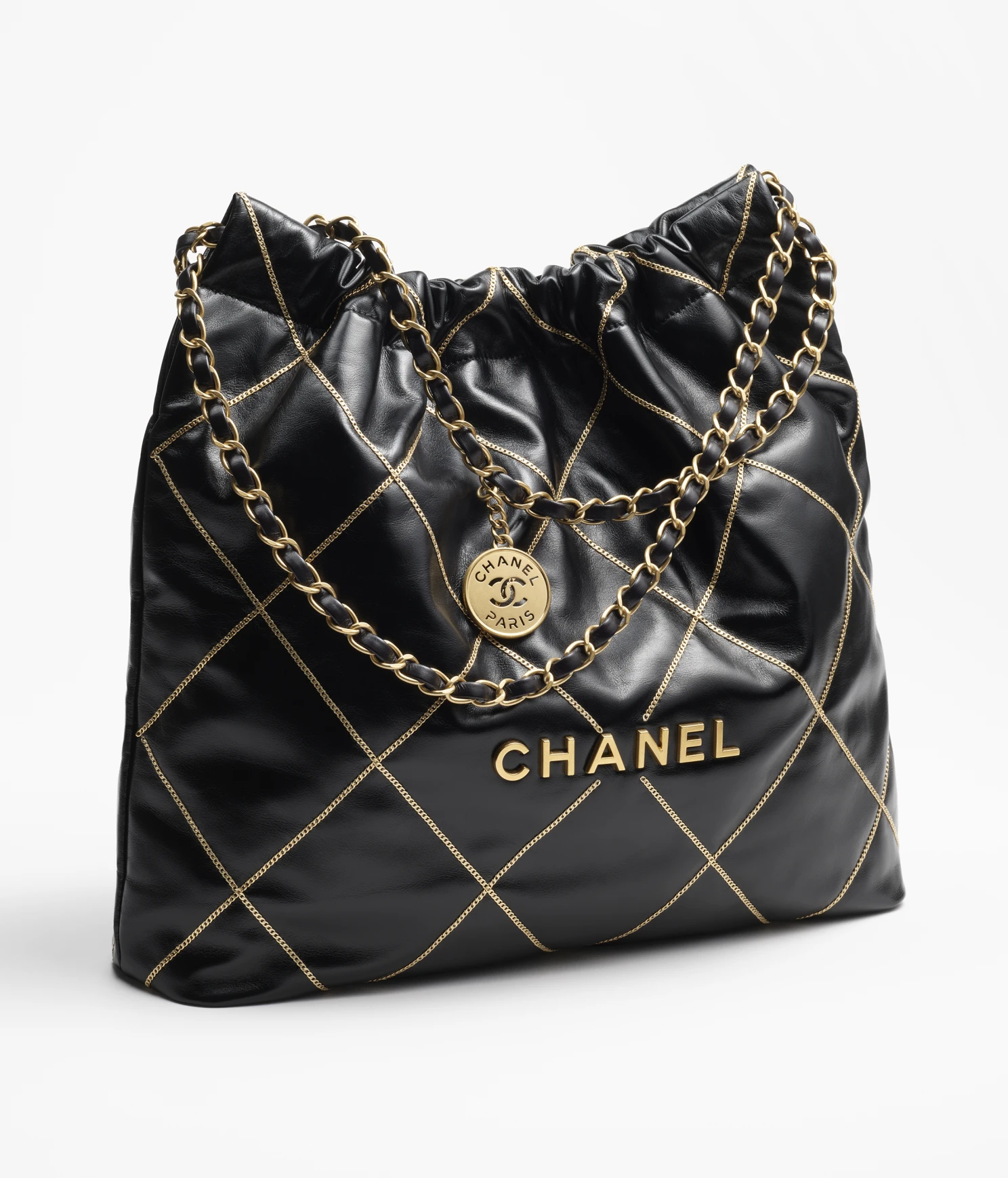 CHANEL / CHANEL 22 HANDBAG Shiny Calfskin   Gold-Tone Metal Black