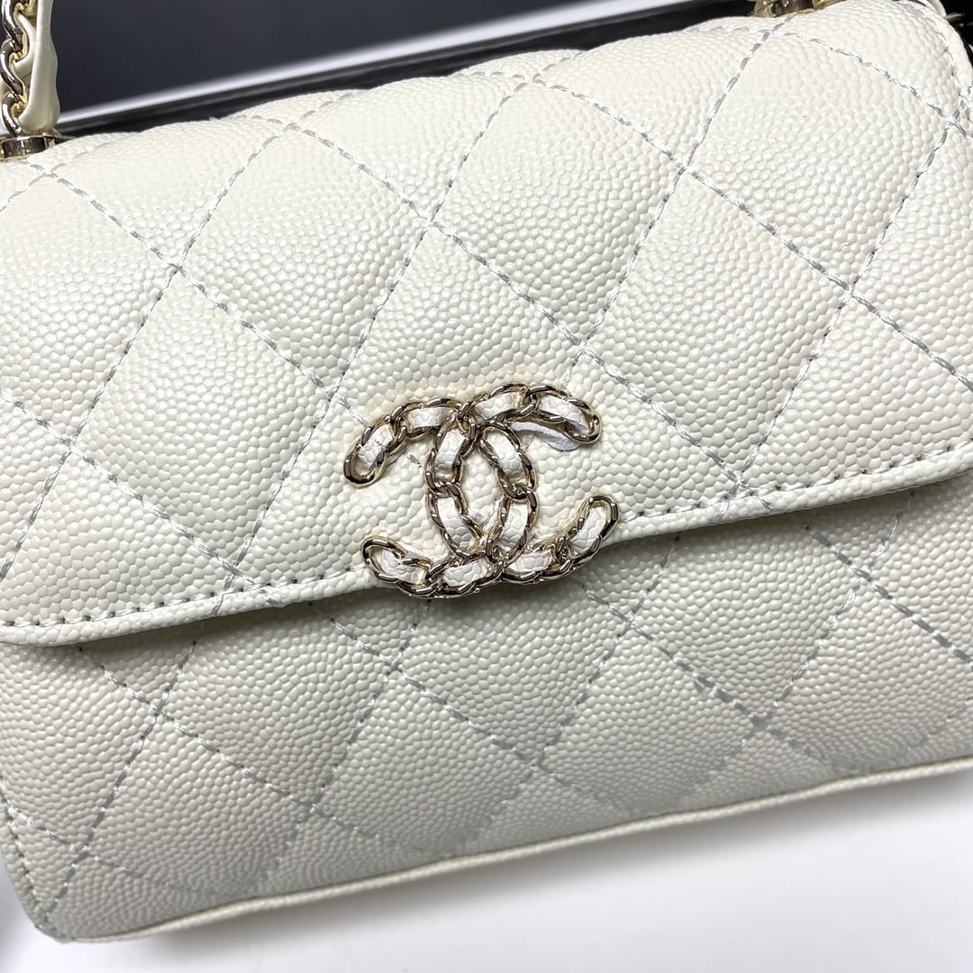 Chanel Black Horse Kelly Lichee cowhide long handle bag 9100 white size:19*10*4.5cm
