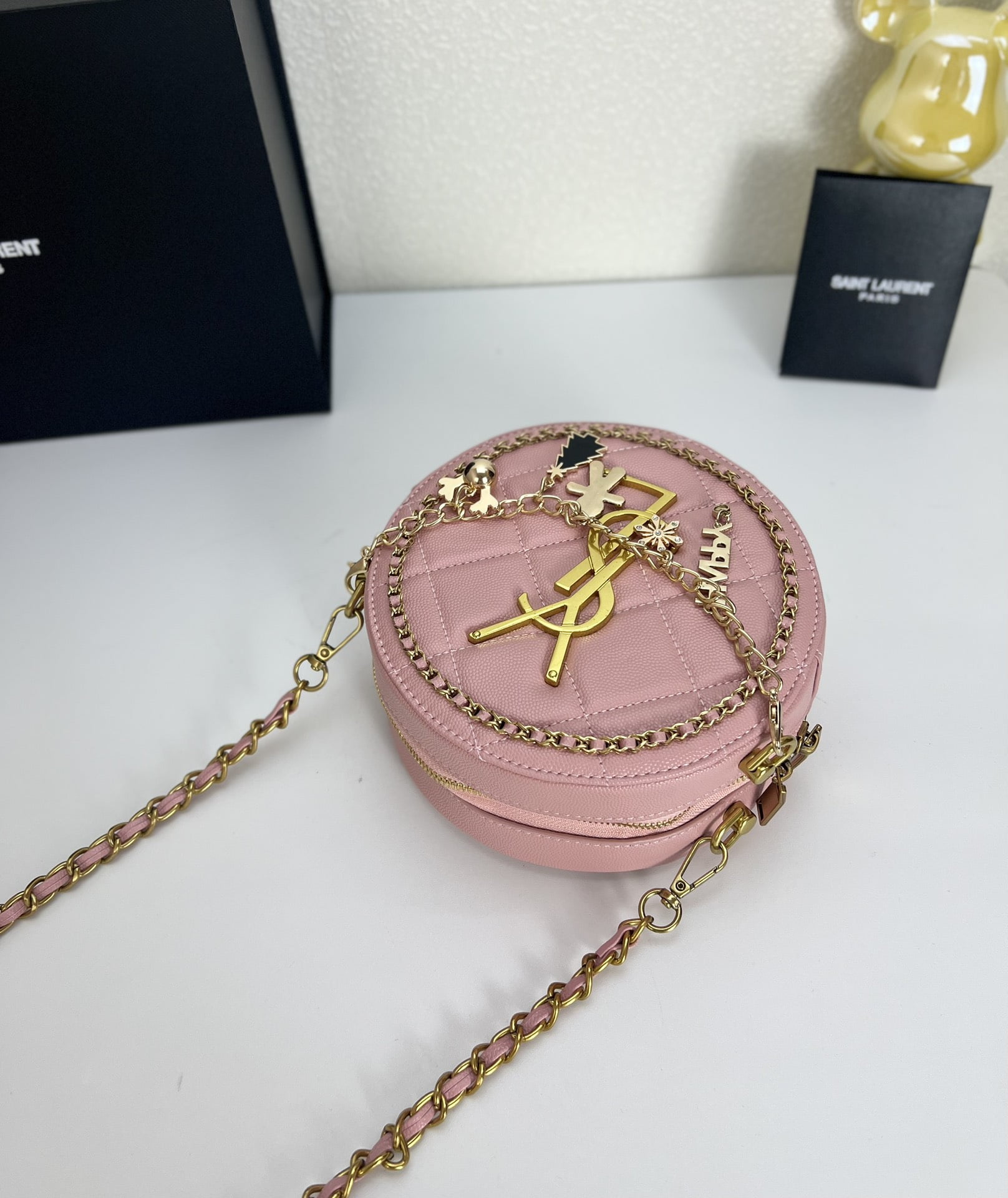 YSL round bun bag with chain strap pink size: 17cm