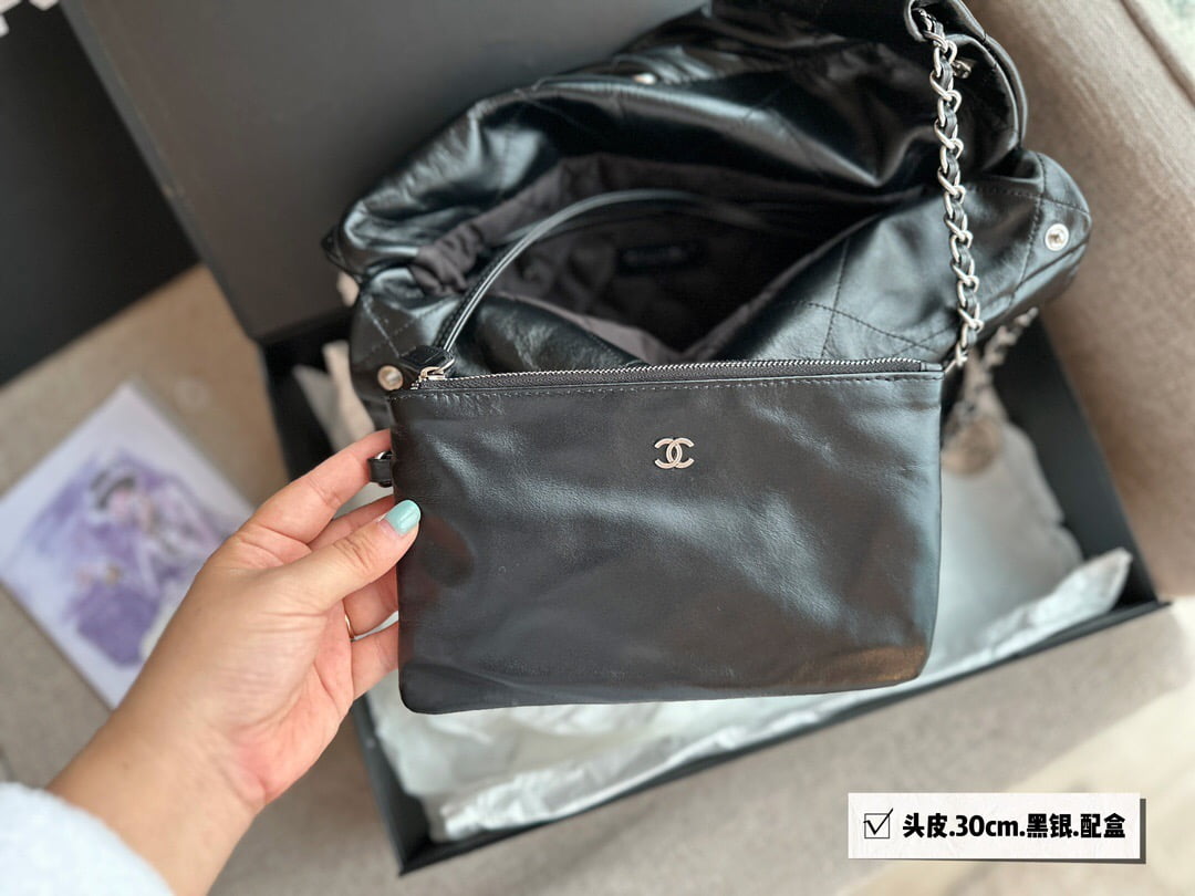CHANEL Pearl garbage bag black with sliver hardware size：30*32cm