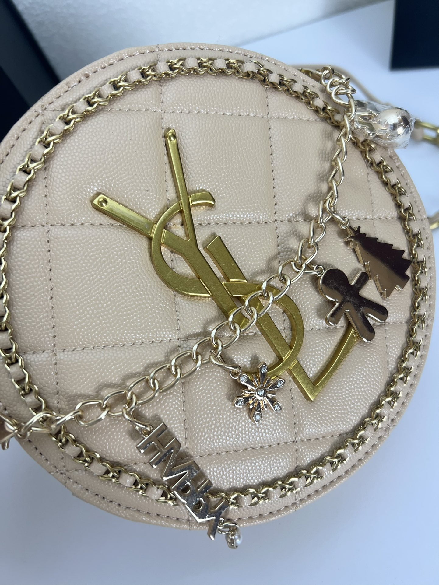 YSL round bun bag with chain strap apricot size: 17cm