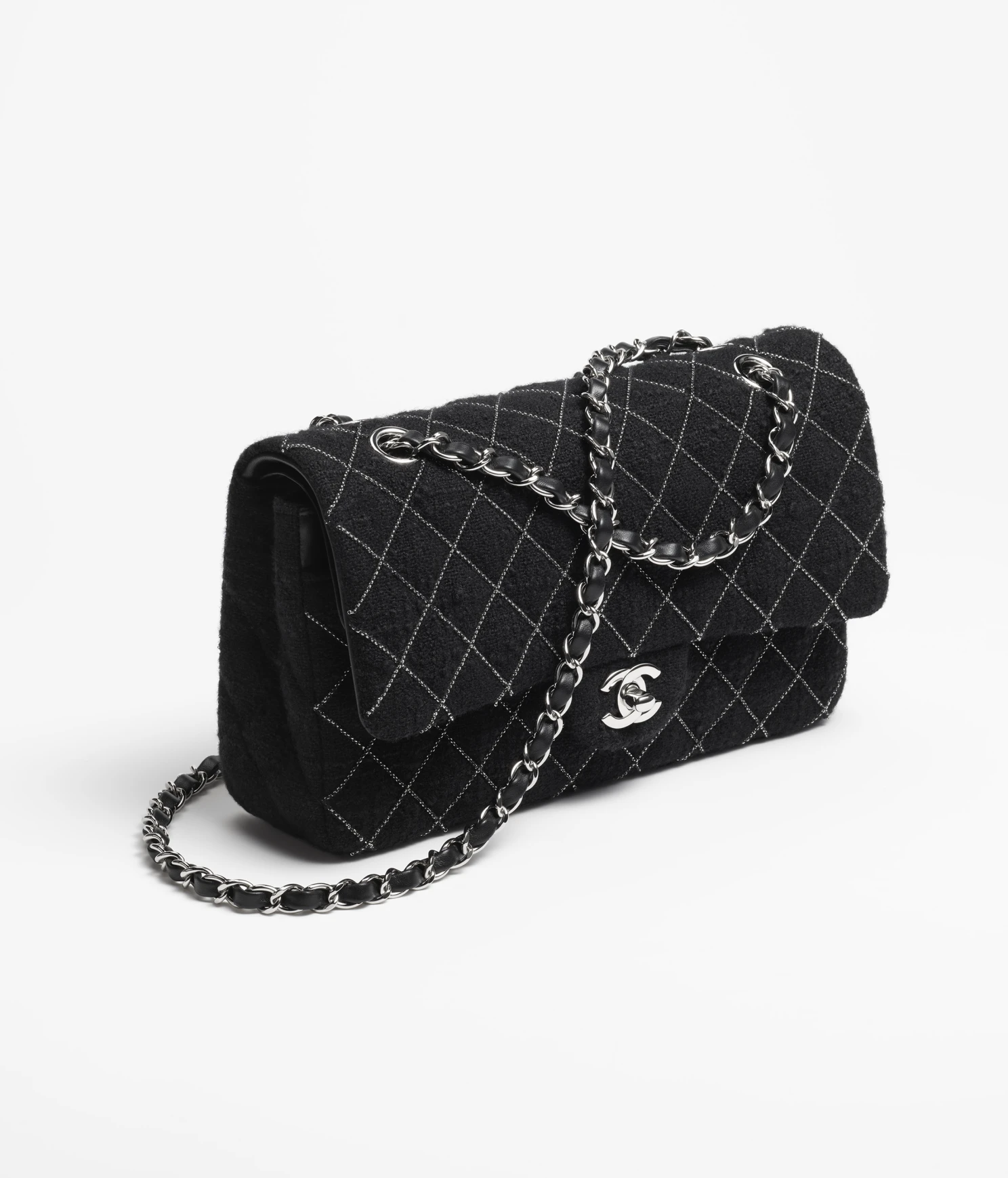 CHANEL / CLASSIC HANDBAG Wool Tweed   Silver-Tone Metal Black