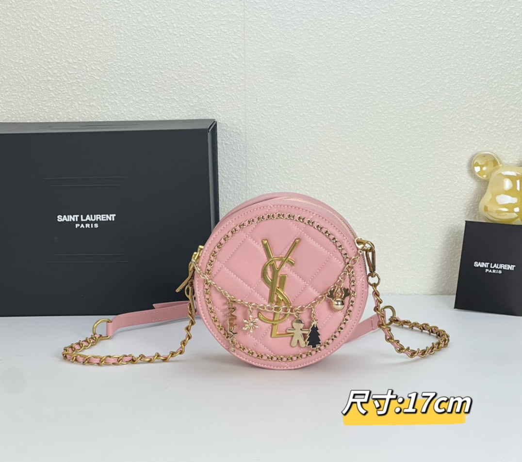 YSL round bun bag with chain strap pink size: 17cm