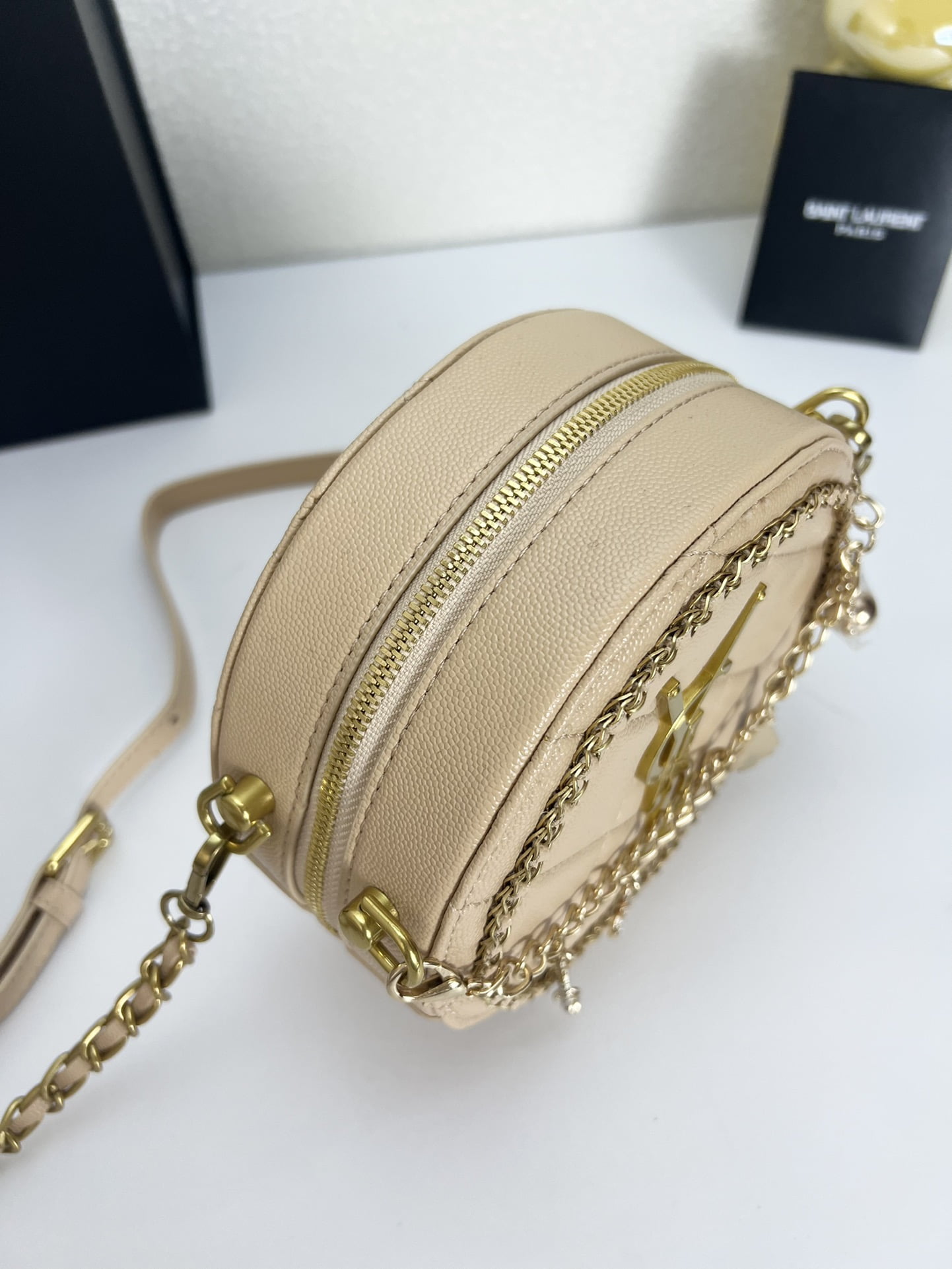 YSL round bun bag with chain strap apricot size: 17cm
