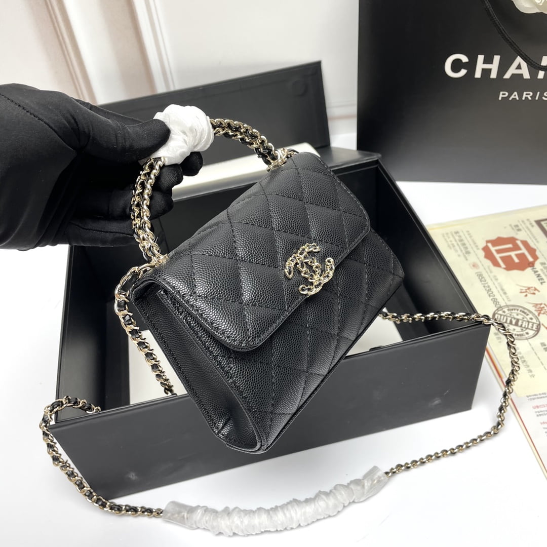 Chanel Black Horse Kelly Lichee cowhide long handle bag 9100 black size:19*10*4.5cm
