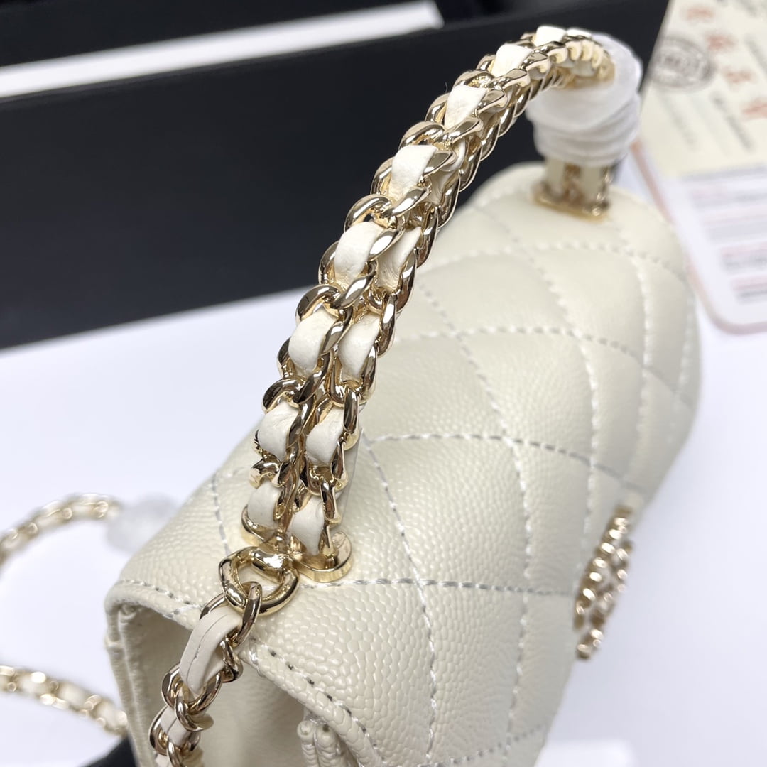 Chanel Black Horse Kelly Lichee cowhide long handle bag 9100 white size:19*10*4.5cm