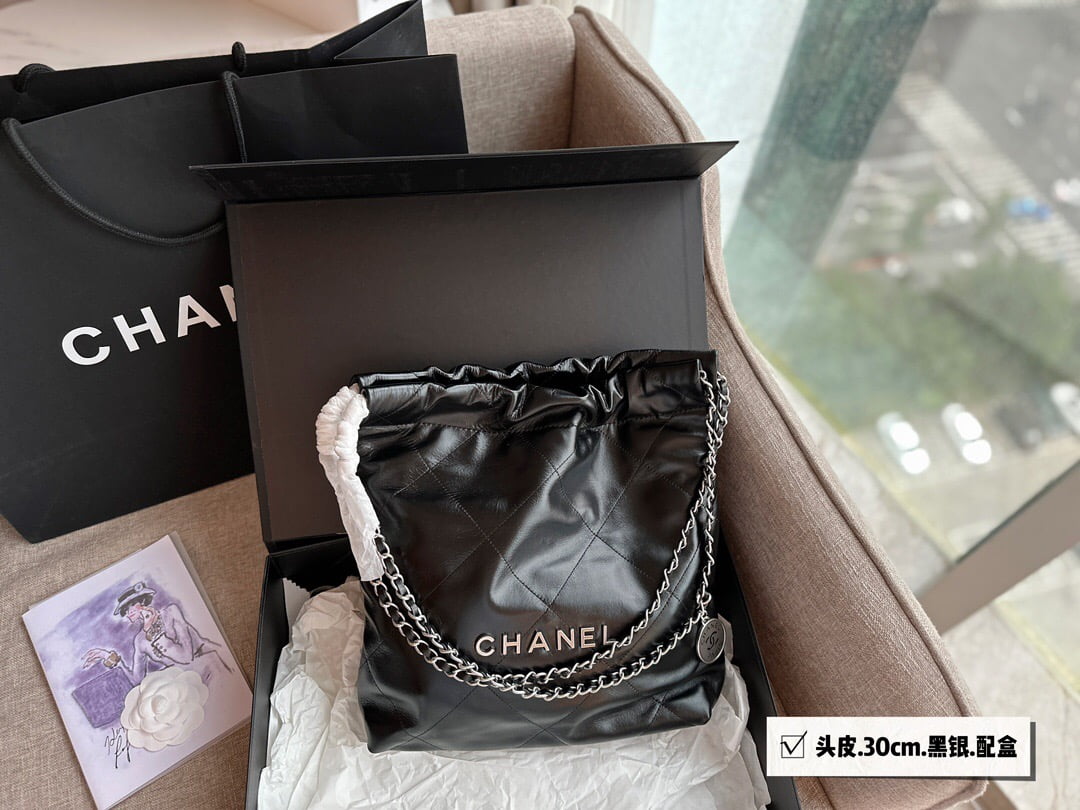 CHANEL Pearl garbage bag black with sliver hardware size：30*32cm