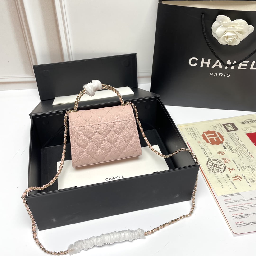 Chanel Black Horse Kelly Lichee cowhide long handle bag 9100 pink size:19*10*4.5cm