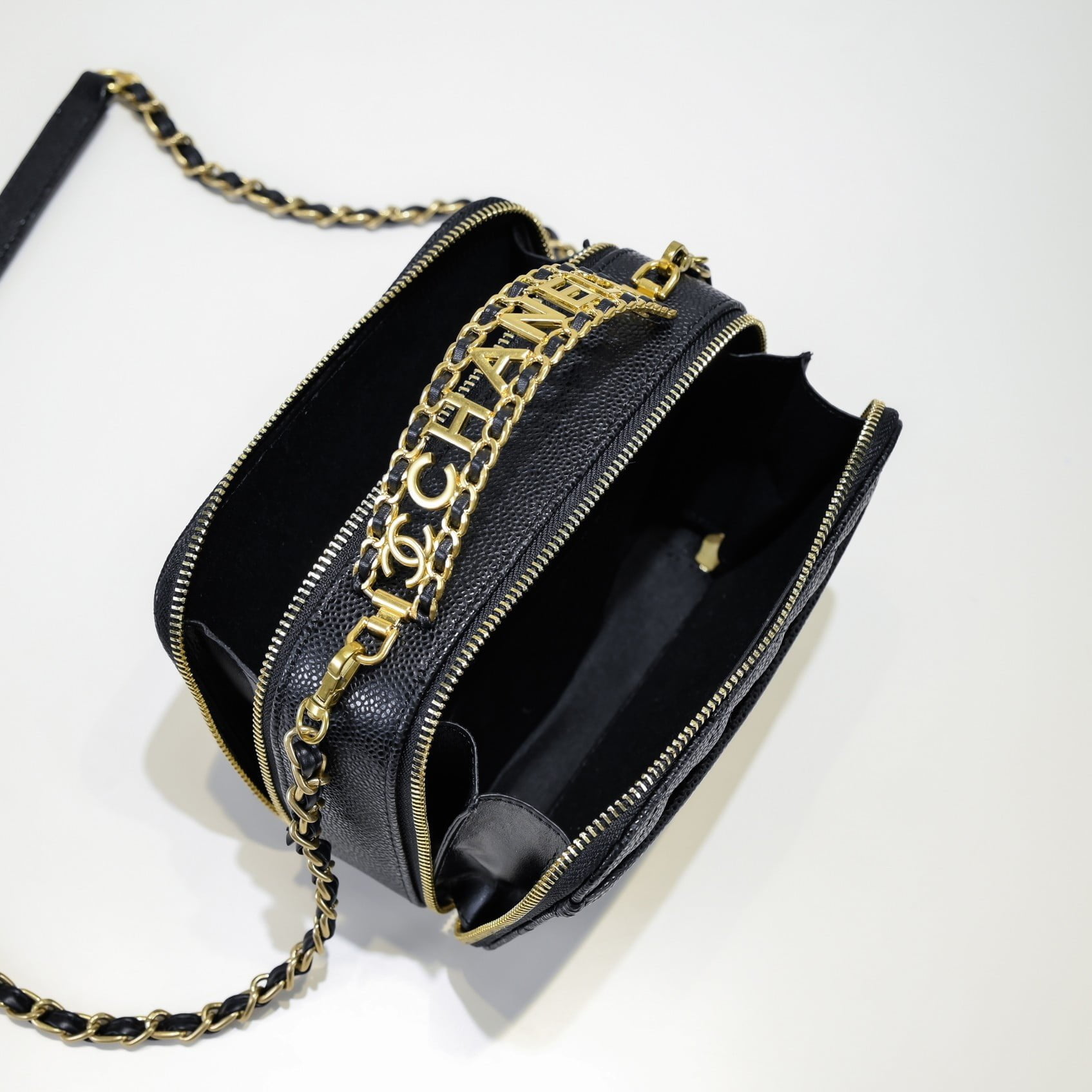 Chanel Caviar alphabet Camera chain crossbody black handle bag