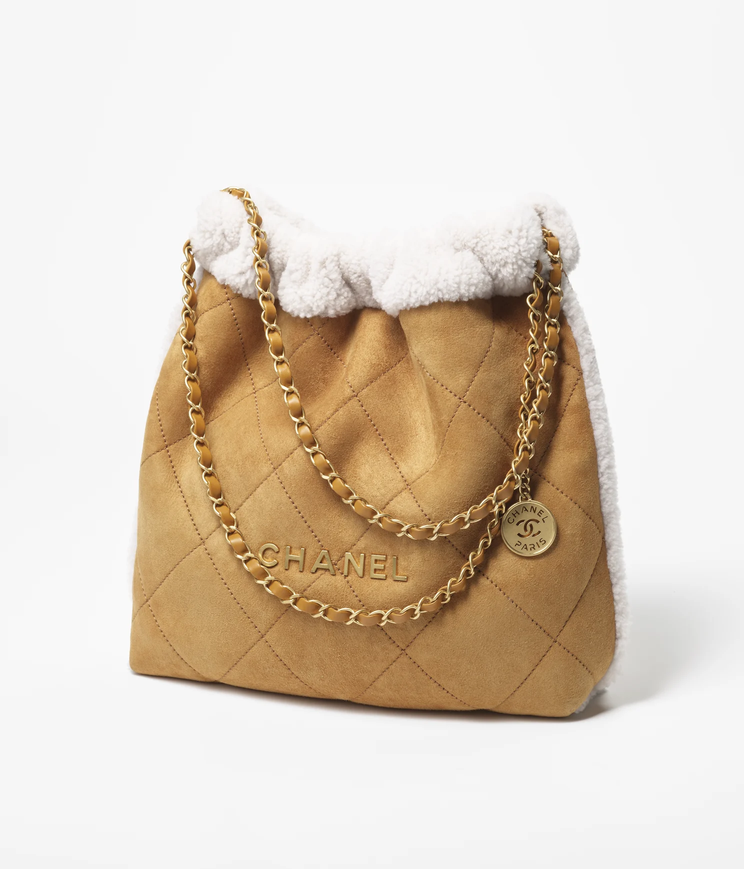 CHANEL / CHANEL 22 HANDBAG Shearling Suede Lambskin   Gold-Tone Metal Beige   White