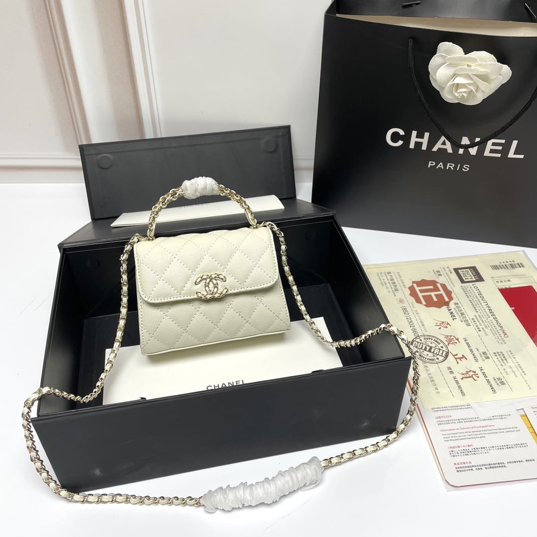 Chanel Black Horse Kelly Lichee cowhide long handle bag 9100 white size:19*10*4.5cm