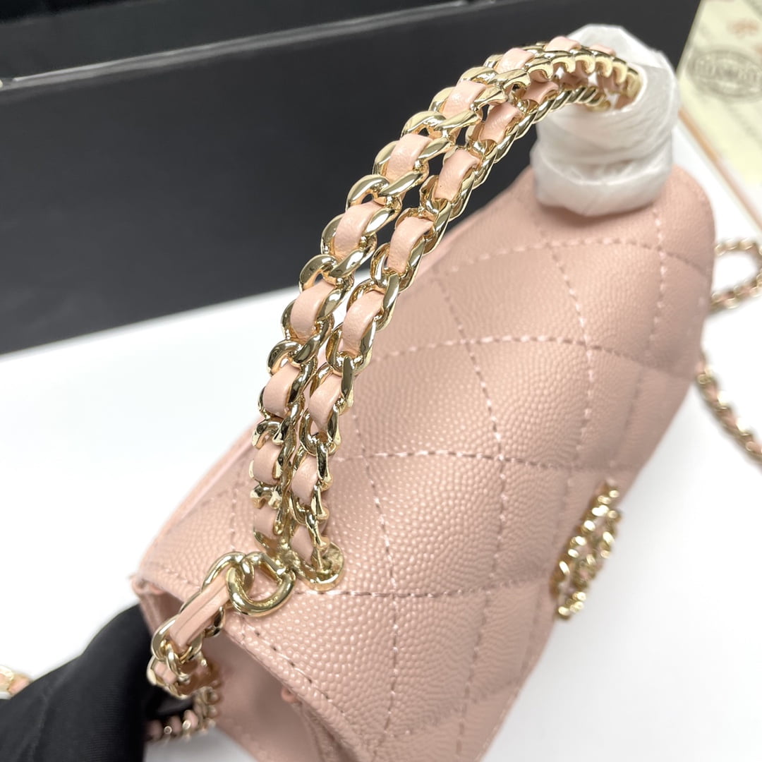 Chanel Black Horse Kelly Lichee cowhide long handle bag 9100 pink size:19*10*4.5cm