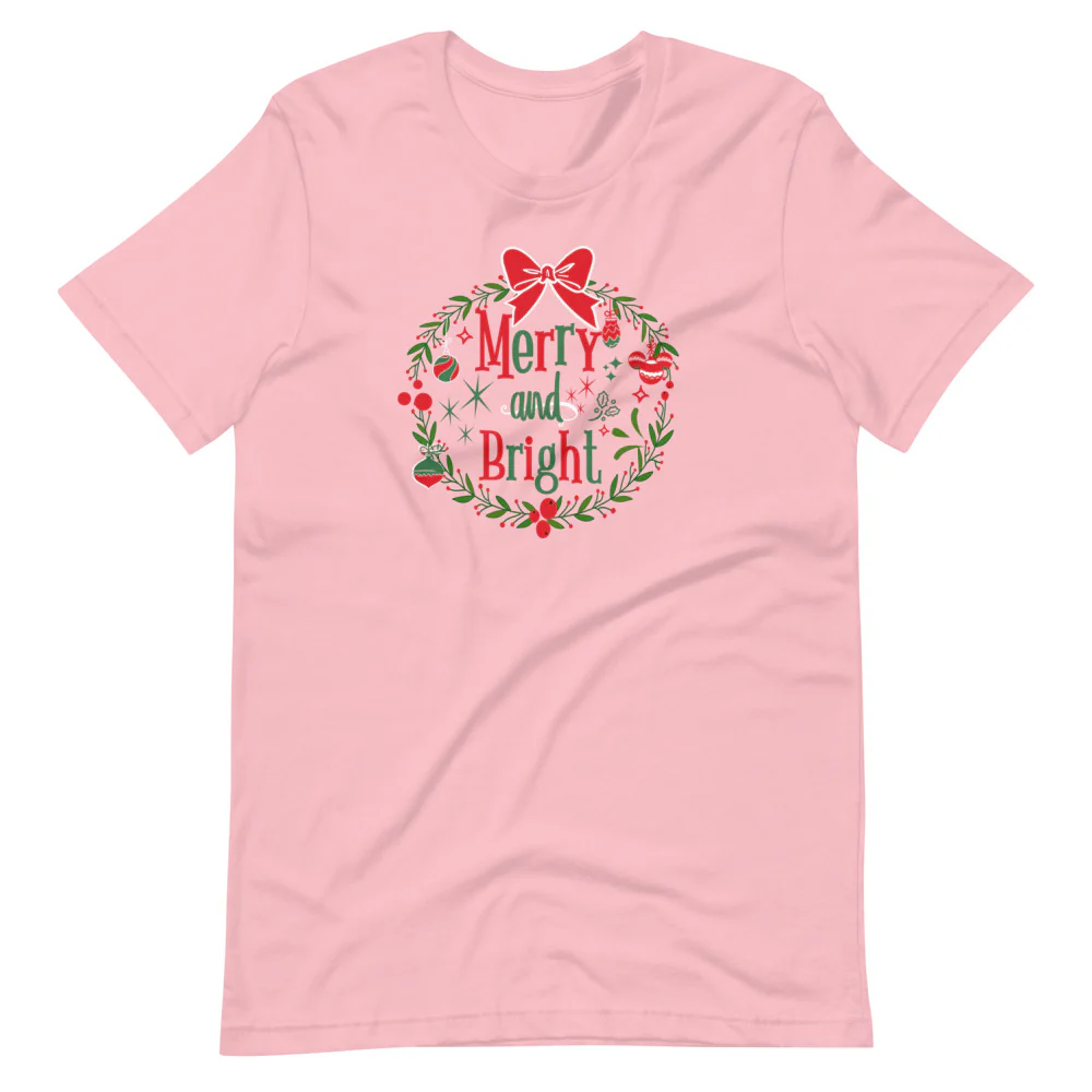 Merry and Bright T-shirt Disney Christmas Mickey Wreath Short-Sleeve Unisex T-Shirt