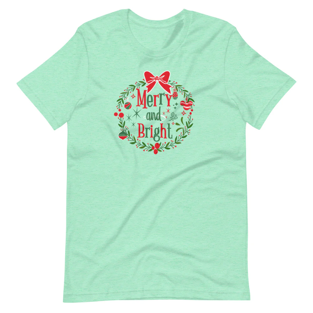 Merry and Bright T-shirt Disney Christmas Mickey Wreath Short-Sleeve Unisex T-Shirt