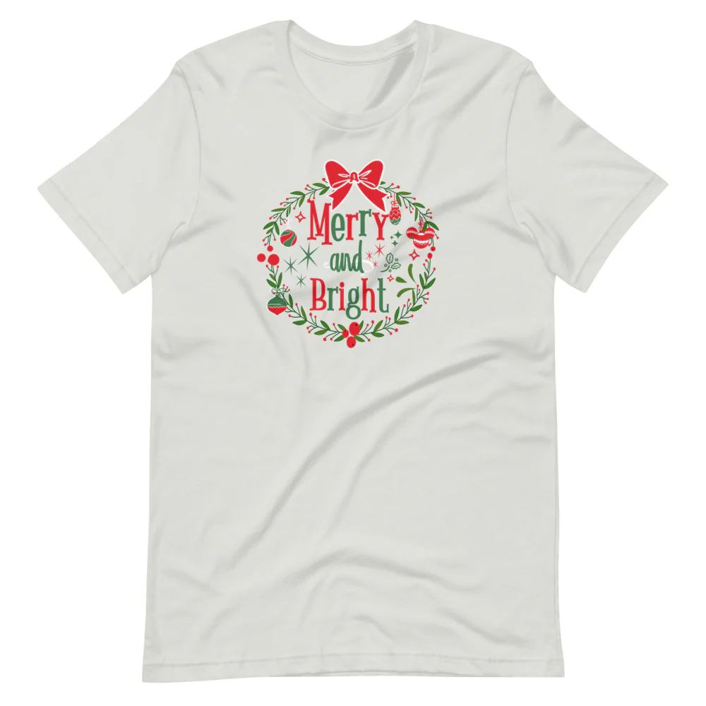 Merry and Bright T-shirt Disney Christmas Mickey Wreath Short-Sleeve Unisex T-Shirt