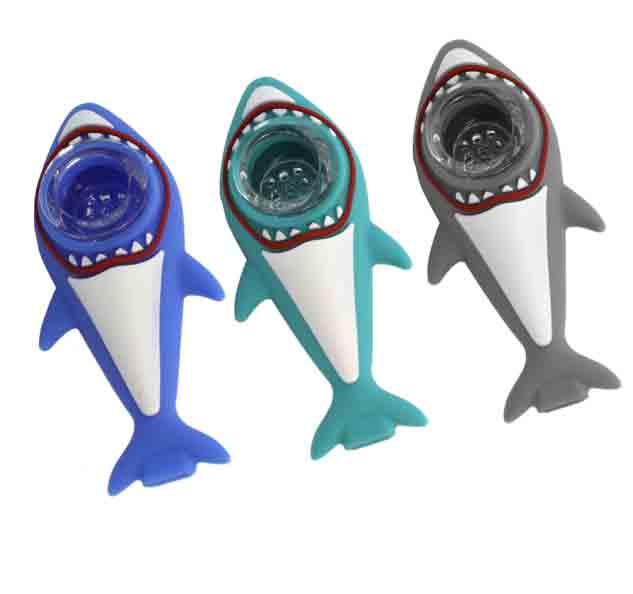 A1933 Shark Silicone Pipe With Glass Bowl