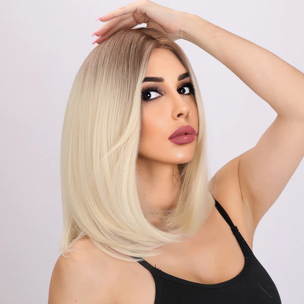 Хит продаж, Заводской магазин, парик из синтетических термостойких волос с легким золотым градиентом, Короткий прямой парик с челкой для женщин