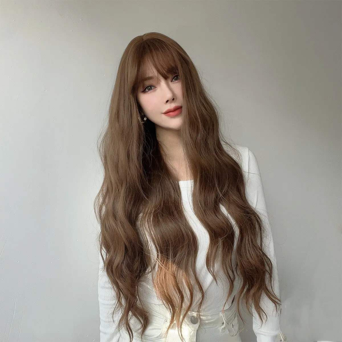 Передние парики Модные коричневые прямые челки Парики Длинные волнистые вьющиеся волосы Женские парики