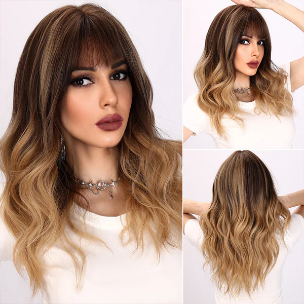 Ombre Brown Yellow Loose Wave with Bangs