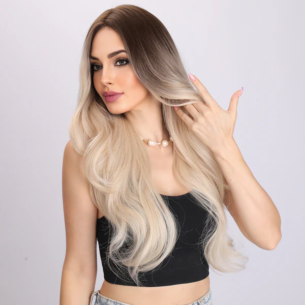 градиентный белый золотой свободный волнистый хайлит без челки модный парик Золотая волнистая челка парик