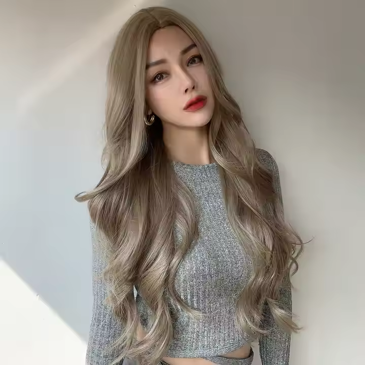 Горячие продажи  популярные модные парики европейские и американские бежевые большие волны черные женские высокотемпературные шелковые парики