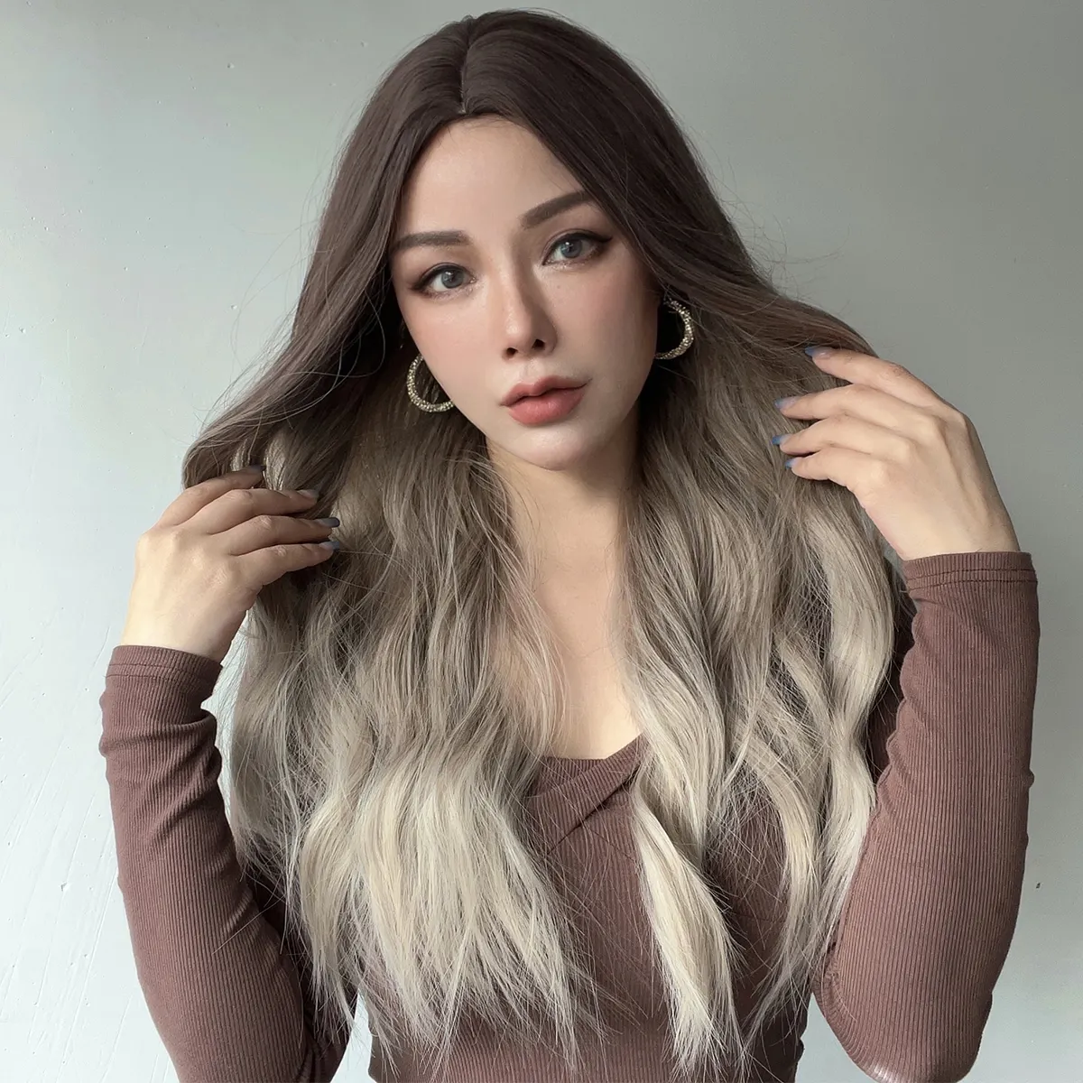 Длинные волосы, лоб, заплетенные вручную, средний цвет чернил, дизайн, модный, длинные вьющиеся волосы, головной убор из химического волокна