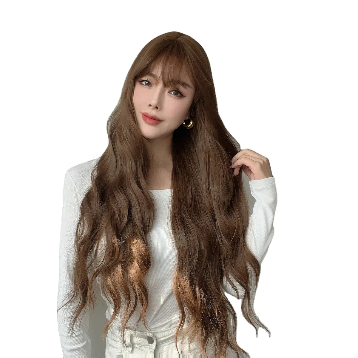 Передние парики Модные коричневые прямые челки Парики Длинные волнистые вьющиеся волосы Женские парики