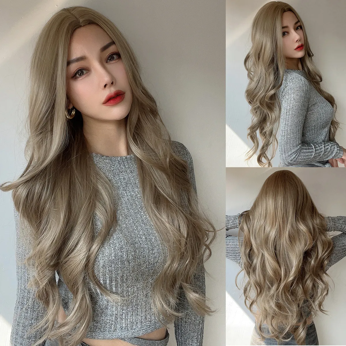 Горячие продажи  популярные модные парики европейские и американские бежевые большие волны черные женские высокотемпературные шелковые парики