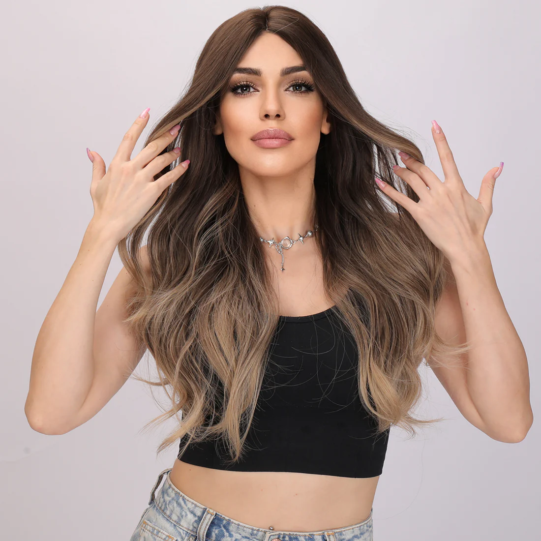 Популярный модный парик из поддельных черных коричневых градиентных кудрявых волос