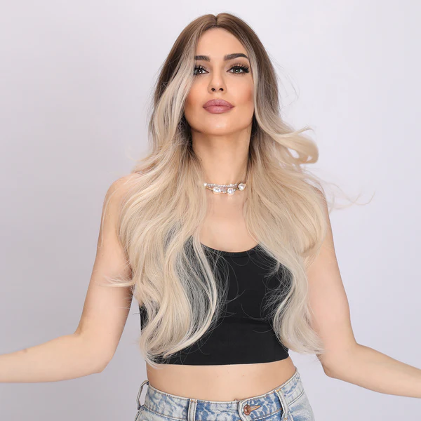 градиентный белый золотой свободный волнистый хайлит без челки модный парик Золотая волнистая челка парик