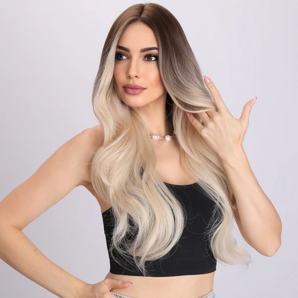 градиентный белый золотой свободный волнистый хайлит без челки модный парик Золотая волнистая челка парик