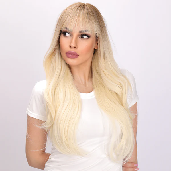 Модные парики женская челка блондинка длинные вьющиеся волосы высокая температура шелк капюшон день прямые волосы