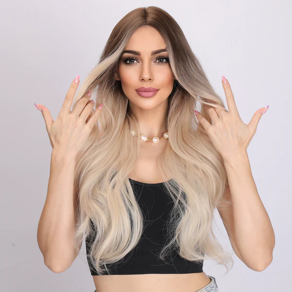 градиентный белый золотой свободный волнистый хайлит без челки модный парик Золотая волнистая челка парик