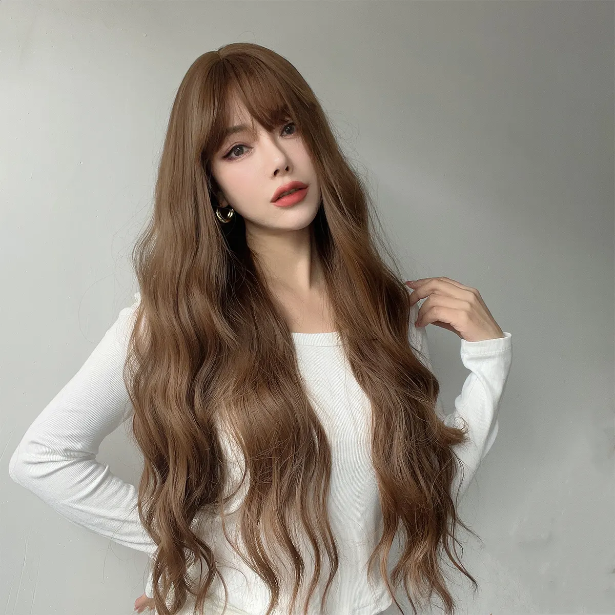 Передние парики Модные коричневые прямые челки Парики Длинные волнистые вьющиеся волосы Женские парики