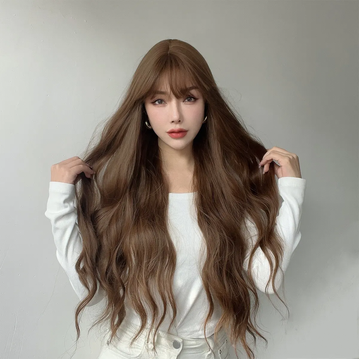 Передние парики Модные коричневые прямые челки Парики Длинные волнистые вьющиеся волосы Женские парики