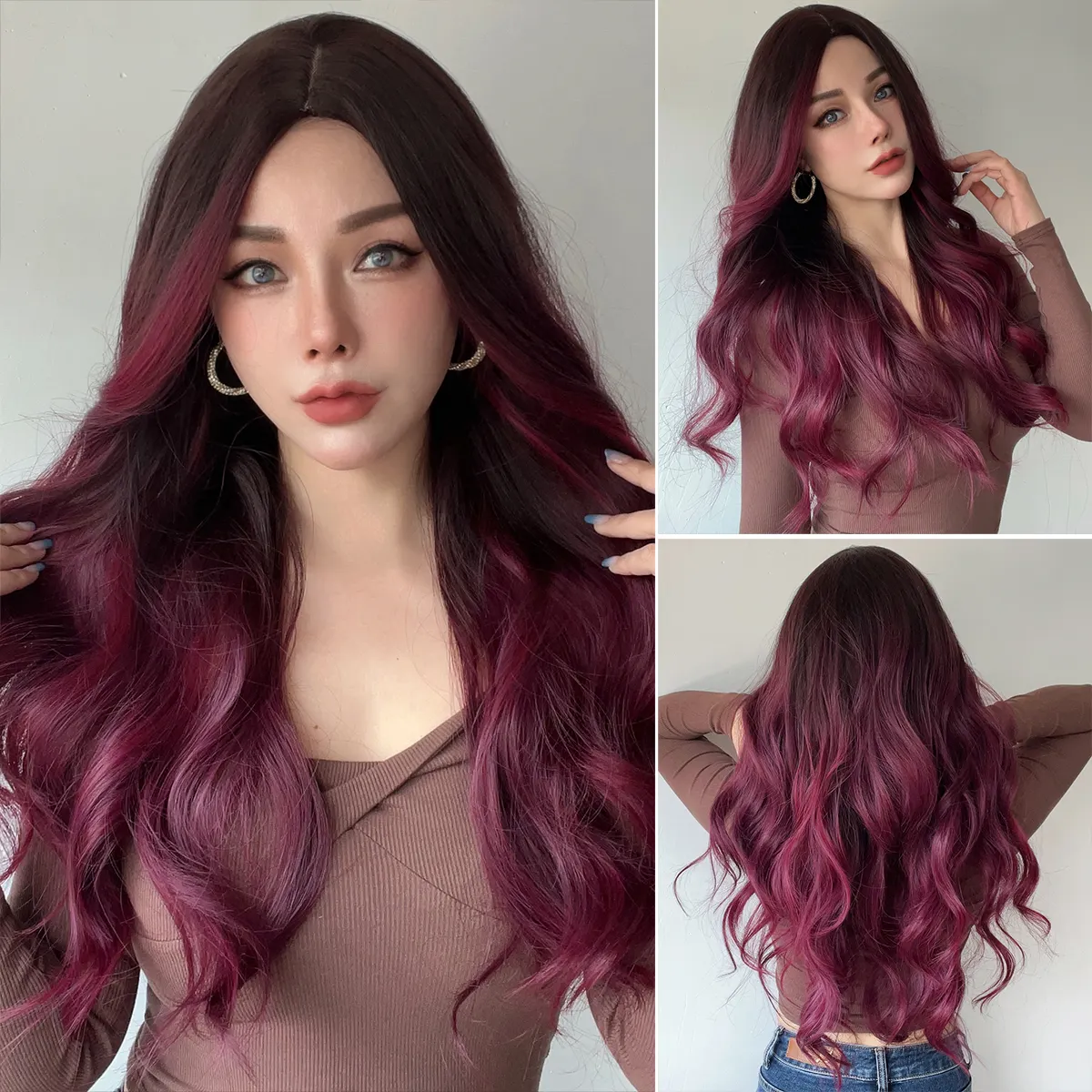 орячие Продаваемые Европейские и Американские Модные Парики, бордовые Градиентные Вьющиеся Волосы, Женские Парики, Свободные Кружевные Парики