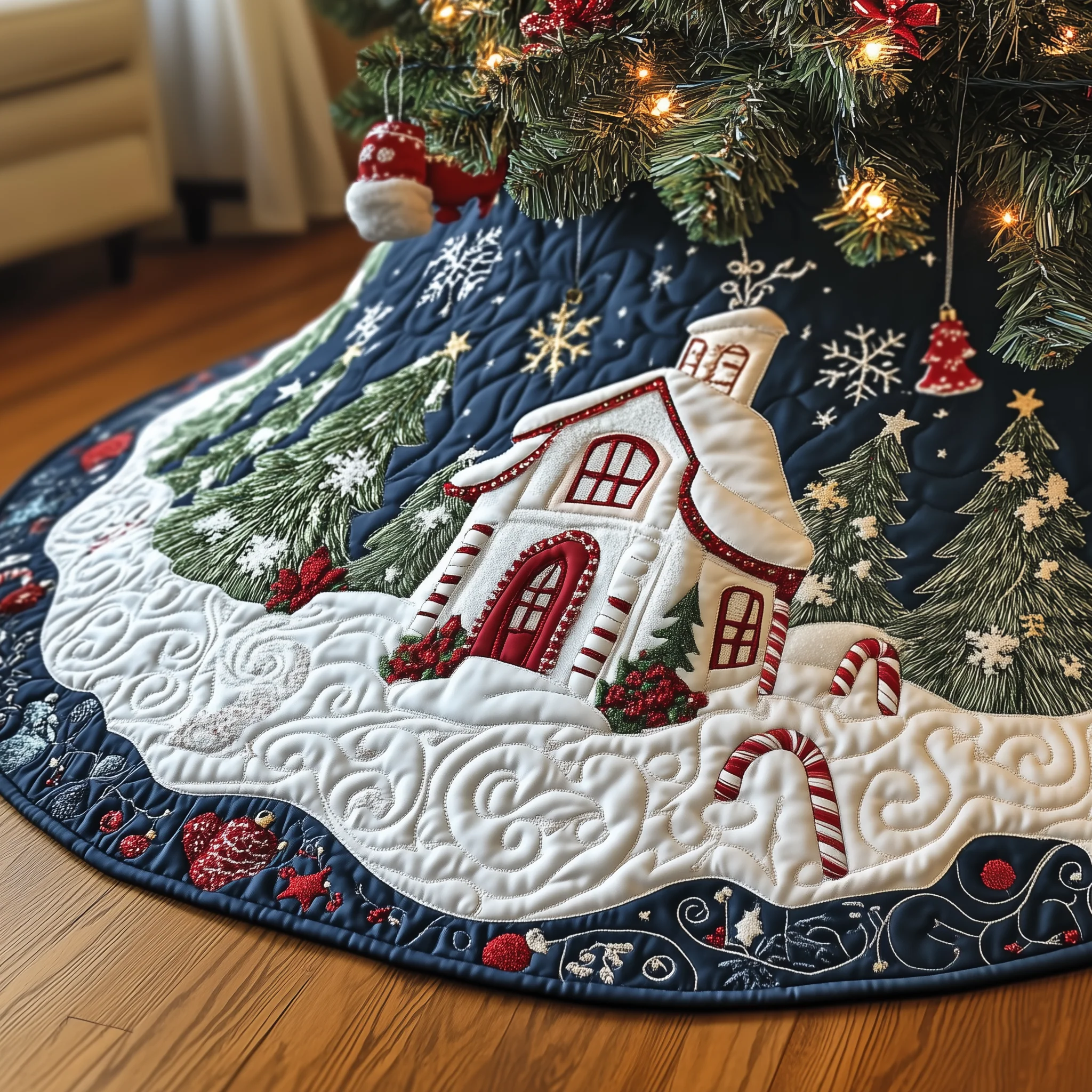 Candy Canes Whimsical House Quilted Tree Skirt GFTOTP1325