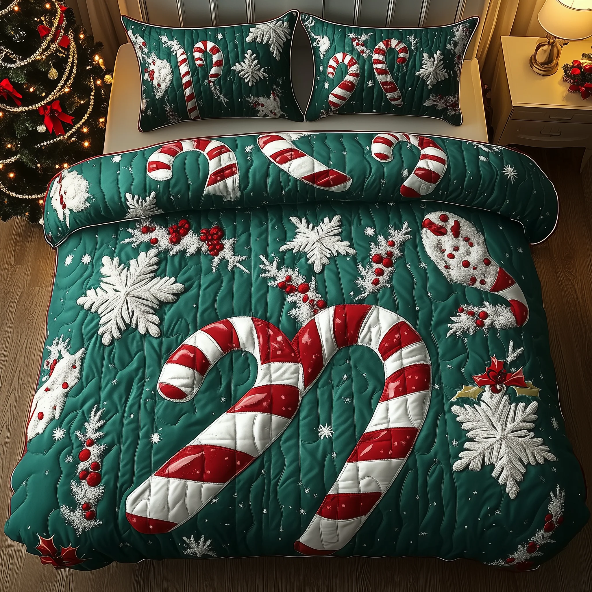 Cheerful Candy Cane 3-Piece Quilted Bedding Set GFTONL1524